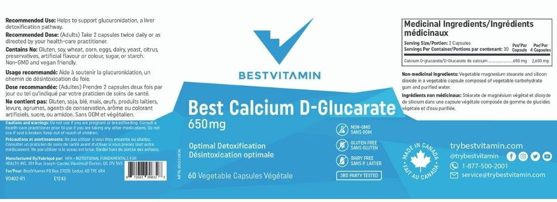 BestVitamin Best Calcium D-Glucarate 650mg, Promote liver detoxification & hormonal balance, 60 Vegetable Capsules
