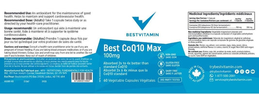 BestVitamin Best CoQ10 Max 100mg, 2-4X More Bioavailable and Absorbable, 60 Vegetable Capsules