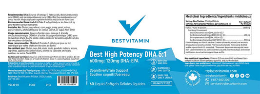 BestVitamin Best High Potency DHA 5:1, 600mg:120mg DHA:EPA, Supports cognitive health & brain function, 60 Liquid Softgels