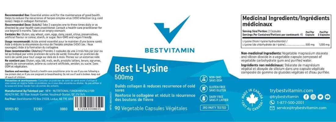 BestVitamin Best L-Lysine, 500mg, Builds Collagen & Reduces Cold Sores, 90 Vegetable Capsules, Clearance 50% Off, Final Sale