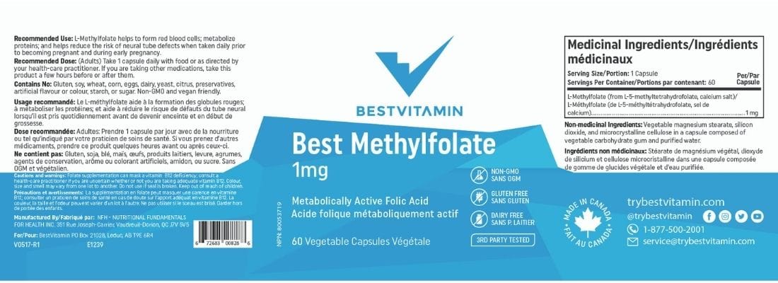 BestVitamin Best Methylfolate 1mg, Gluten-Free, Non-GMO, 60 Vegetable Capsules