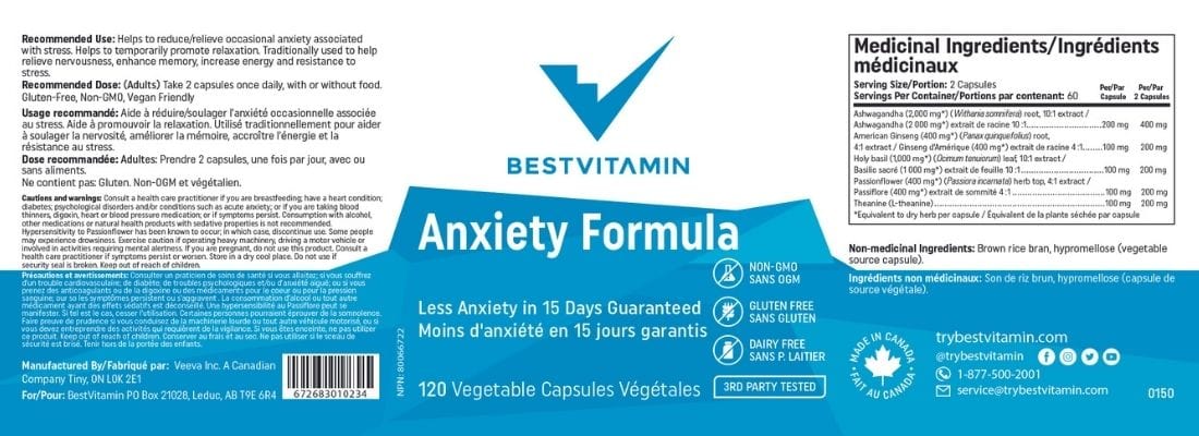 BestVitamin Anxiety Formula, Less Anxiety in 15 Days Guaranteed, 120 Capsules, 70% Off, Expiry: Jun 2024, Final Sale