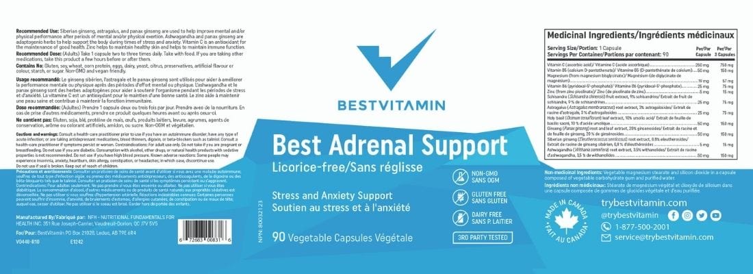 BestVitamin Best Adrenal Support, Licorice-Free, 90 Vegetable Capsules, Clearance 50% Off, Final Sale