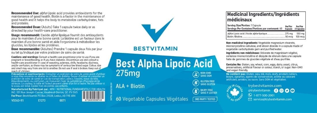 Bestvitamin Best Alpha Lipoic Acid 275mg, ALA Plus Biotin, 60 Vegetable Capsules, Clearance 50% Off, Final Sale