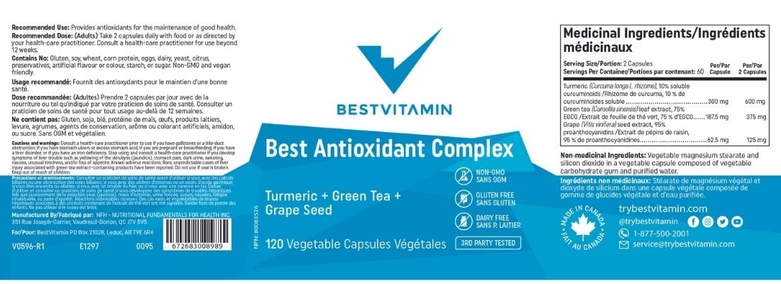 Bestvitamin Best Antioxidant Complex, Turmeric, Green Tea & Grape Seed, 120 Vegetable Capsules, 70% Off, Expiry: Dec 2024, Final Sale