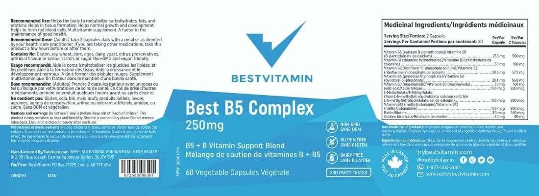 BestVitamin Best B5 Complex, 250mg B5 Plus B-Complex, Non-GMO, 60 Vegetable Capsules
