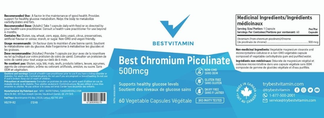 BestVitamin Best Chromium Picolinate 500mcg, Helps manage blood sugar, Non-GMO, 60 Vegetable Capsules