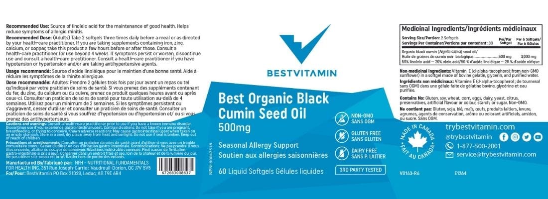 BestVitamin Best Organic Black Cumin Seed Oil 500mg, Gluten-Free, Non-GMO, 60 Liquid Softgels, Clearance 50% Off, Final Sale