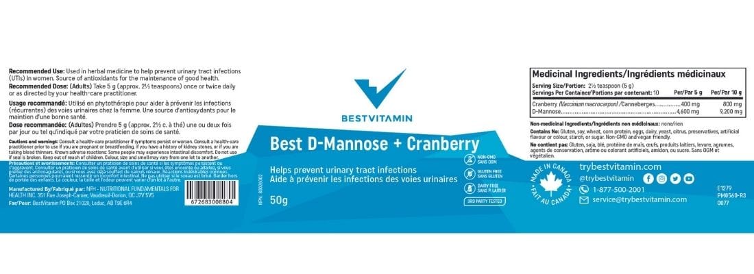 Bestvitamin Best D-Mannose and Cranberry, UTI treatment and prevention, 50g