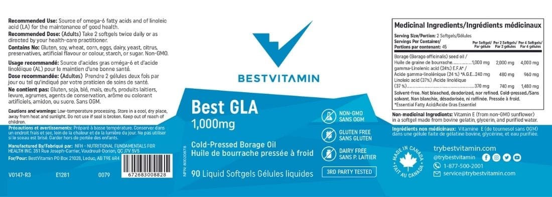 Bestvitamin Best GLA 1000mg, Cold Pressed Organic Borage Oil, Non-GMO, 90 Liquid Softgels, Clearance 50% Off, Final Sale