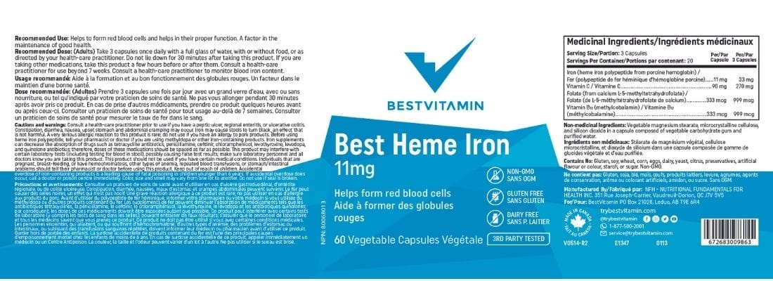 BestVitamin Best Heme Iron 11mg Plus Vitamin C, Folate & B12, Highly bioavailable form of iron, Vegetable Capsules