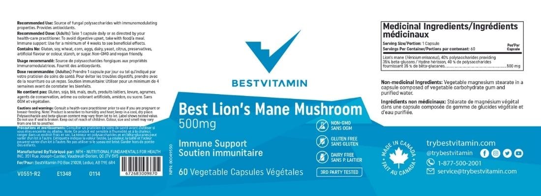 BestVitamin Best Lion's Mane Mushroom 500mg, Immune & Cognitive Support, 60 Vegetable Capsules