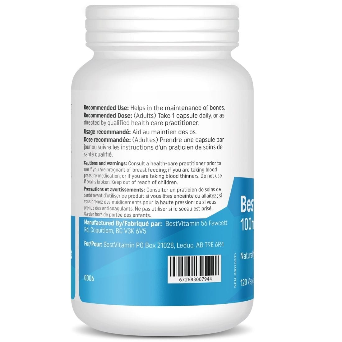 BestVitamin Best MK-7 Vitamin K2 100mcg, Naturally Fermented, Non-GMO, 120 Vegetable Capsules