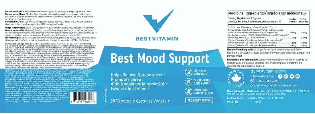 BestVitamin Best Mood Support, Helps relieve nervousness & sleep disturbances, 90 Vegetable Capsules, Clearance 50% Off, Final Sale