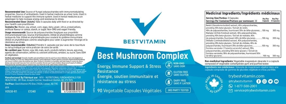 BestVitamin Best Mushroom Complex, Ultimate Energy, Immune & Stress Support, Reishi, Maitake, Shiitake, Coriolus, 90 Capsules