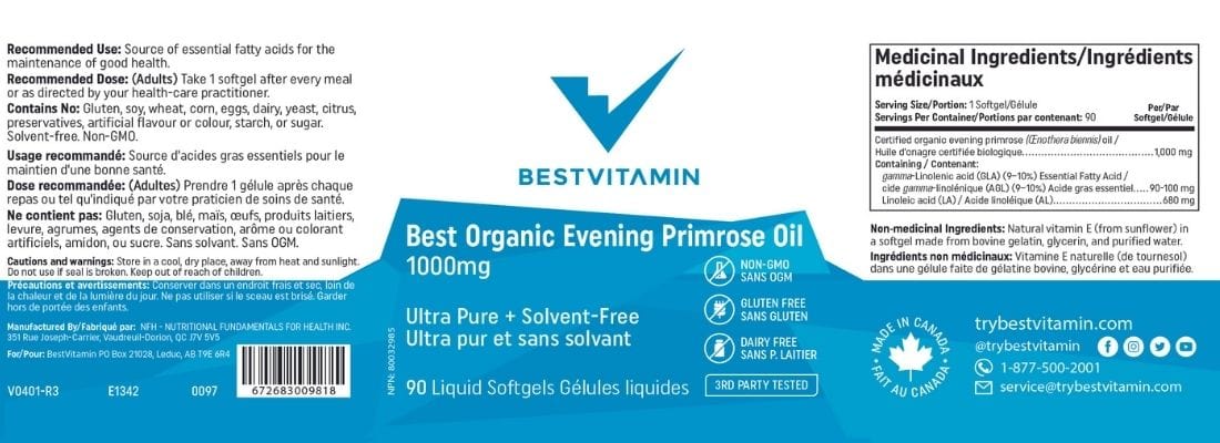 BestVitamin Best Evening Primrose Oil 1000mg, 100mg GLA and 680mg ALA, 90 Softgels
