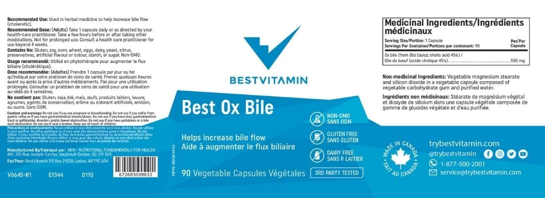 BestVitamin Best Ox Bile 500mg, Increase bile flow & aid digestion, 90 Vegetable Capsules
