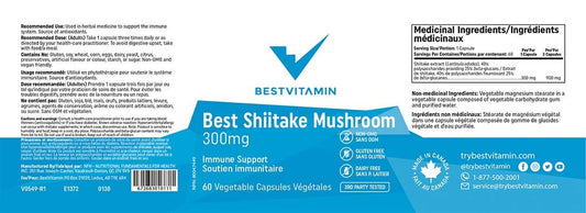 BestVitamin Best Shiitake Mushroom 300mg, Hot-water extract for optimal health & immune support, 60 Vegetable Capsules