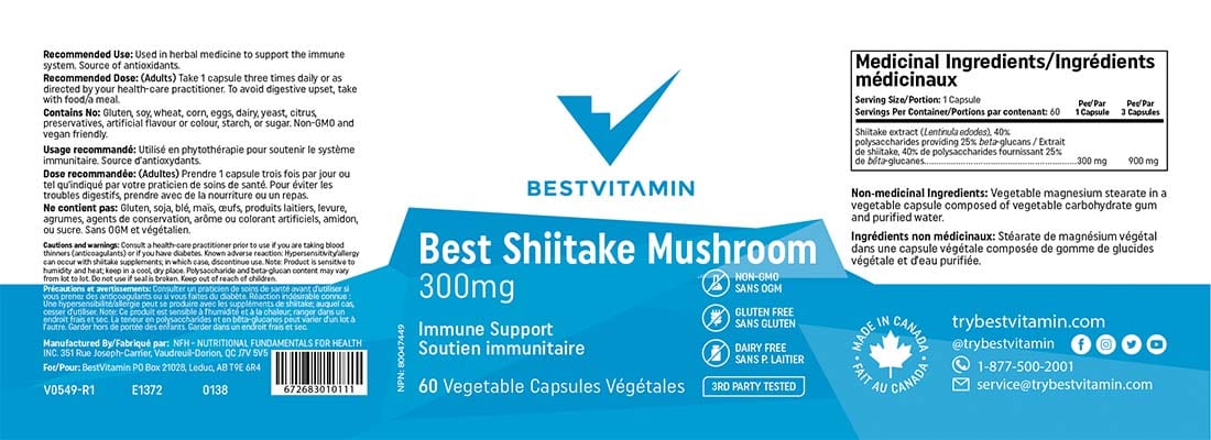 BestVitamin Best Shiitake Mushroom 300mg, Hot-water extract for optimal health & immune support, 60 Vegetable Capsules