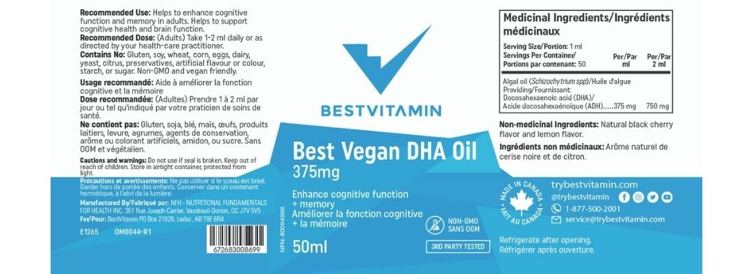 BestVitamin Best Vegan DHA Oil, Concentrated 375mg DHA, Omega Algae Oil, 50ml, 50 Servings