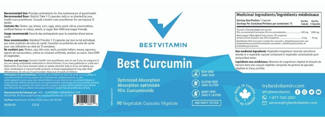 BestVitamin Best Curcumin 500mg, Turmeric Root Anti-inflammatory Support, 90 Vegetable Capsules