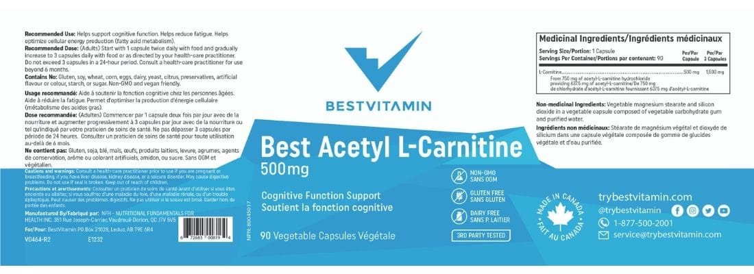 BestVitamin Best Acetyl L-Carnitine 500mg, Active carnitine, Cognitive function cofactor, 90 Vegetable Capsules