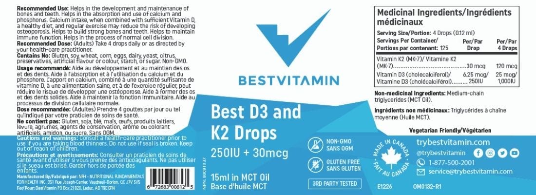 BestVitamin Best D3 and K2 Drops, Vitamin K MK-7 30mcg & Vitamin D3 250IU in MCT Oil, 500 Drops, 15ml