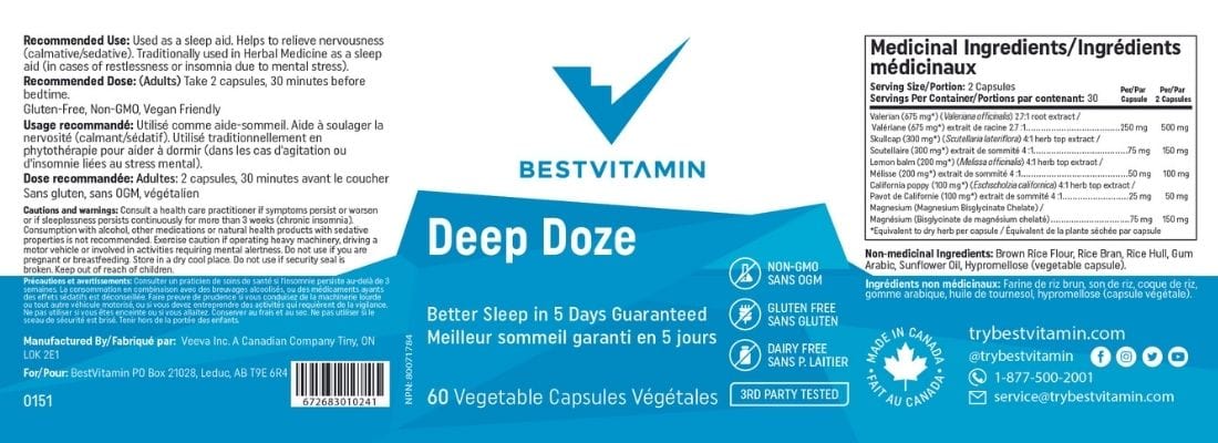 BestVitamin Deep Doze, Better Sleep in 5 Days Guaranteed, 60 Vegetable Capsules