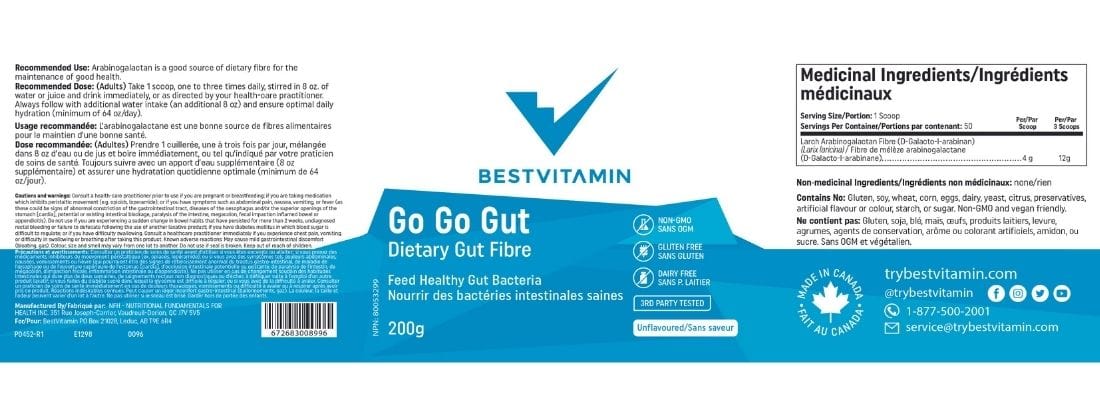 Bestvitamin Go Go Gut, Larch Arabinogalactan Prebiotic Gut Fibre to Feed Healthy Gut Bacteria, 200g, Clearance 50% Off, Final Sale