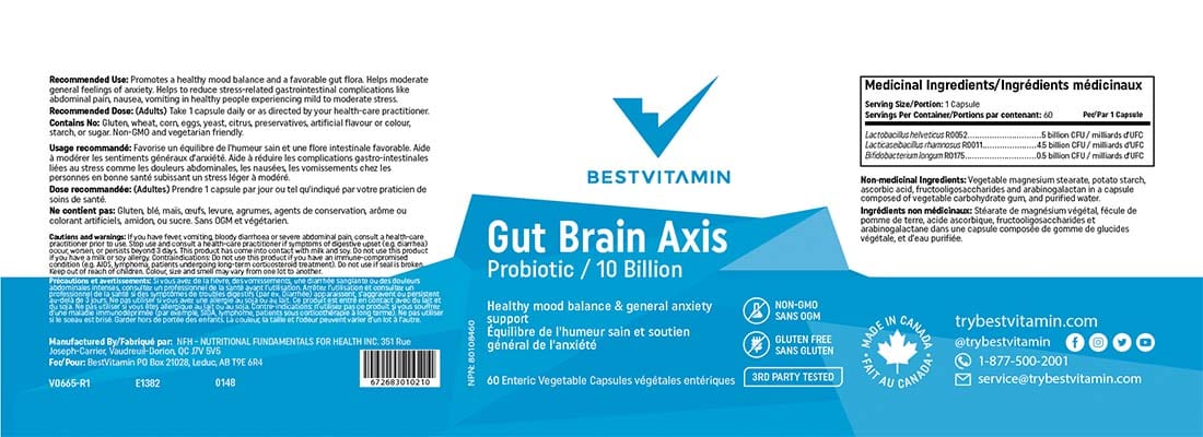 BestVitamin Gut Brain Axis, Probiotic for Mood, Stress & Anxiety, 10 Billion, 60 Enteric Vegetable Capsules, 50% Off, Final Sale