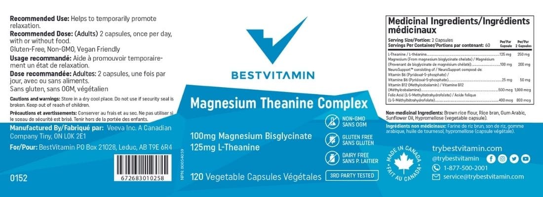 BestVitamin Best Magnesium Theanine Complex, Improves relaxation, learning, focus, & mood, 120 Vegetable Capsules