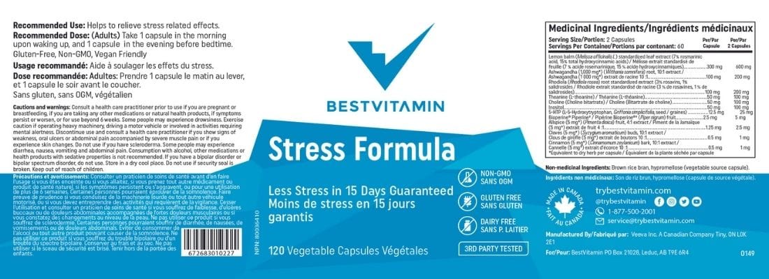 BestVitamin Stress Formula, Less Stress in 15 Days Guaranteed, 120 Vegetable Capsules, 2 Month Supply