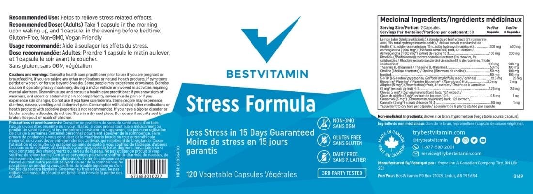 BestVitamin Stress Formula, Less Stress in 15 Days Guaranteed, 120 Vegetable Capsules, 2 Month Supply
