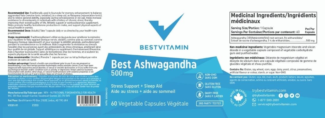 BestVitamin Best Ashwagandha 500mg, Stress Support & Sleep Aid, 60 Vegetable Capsules, Clearance 50% Off, Final Sale