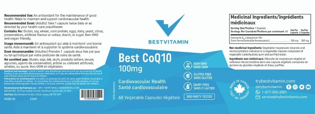 BestVitamin Best CoQ10 100mg, Fermented & Non-GMO, 60 Vegetable Capsules