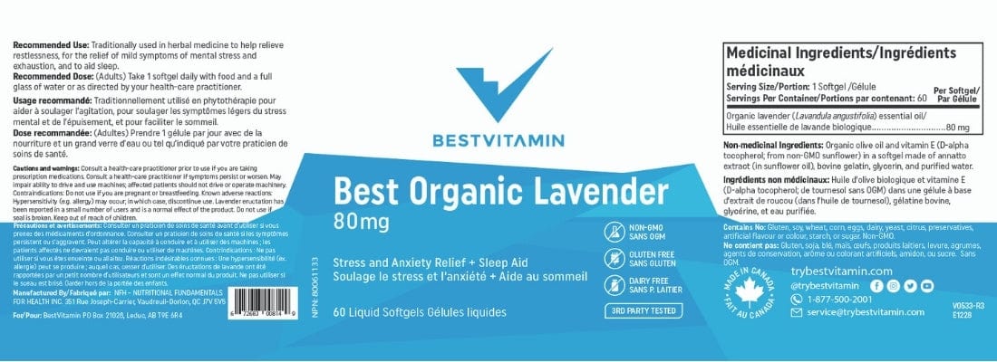 BestVitamin Best Organic Lavender 80mg, Stress & Anxiety Relief, Sleep Aid, 60 Liquid Softgels