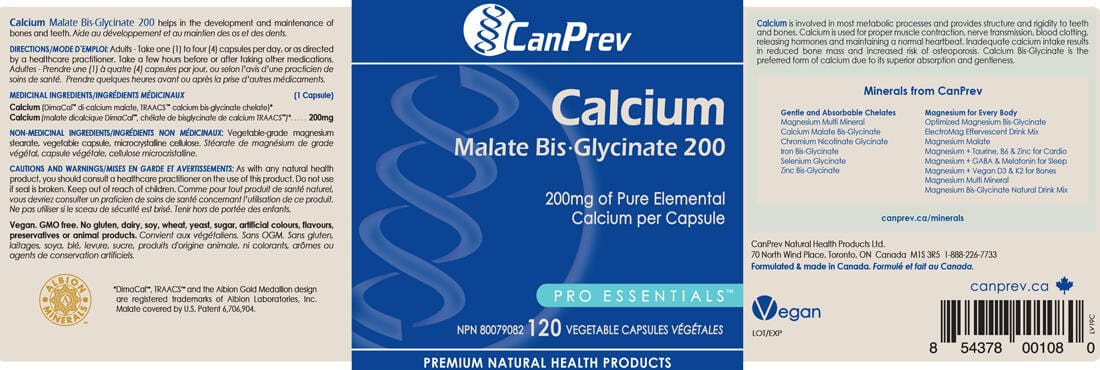 CanPrev Calcium Malate Bis-Glycinate 200mg, 120 Capsules