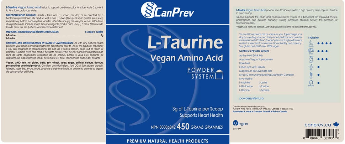 CanPrev L-Taurine Powder, Vegan Fermented Taurine, 450g