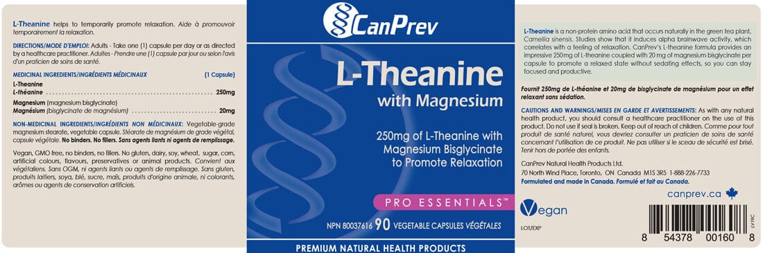 CanPrev L-Theanine 250mg with Magnesium Bisglycinate 20mg, 90 Vegetable Capsules