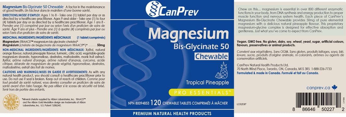 CanPrev Chewable Magnesium Bisglycinate 50mg, Tropical Pineapple, 120 Chewable Tablets