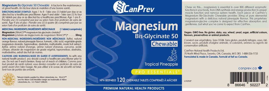 CanPrev Chewable Magnesium Bisglycinate 50mg, Tropical Pineapple, 50 Chewable Tablets
