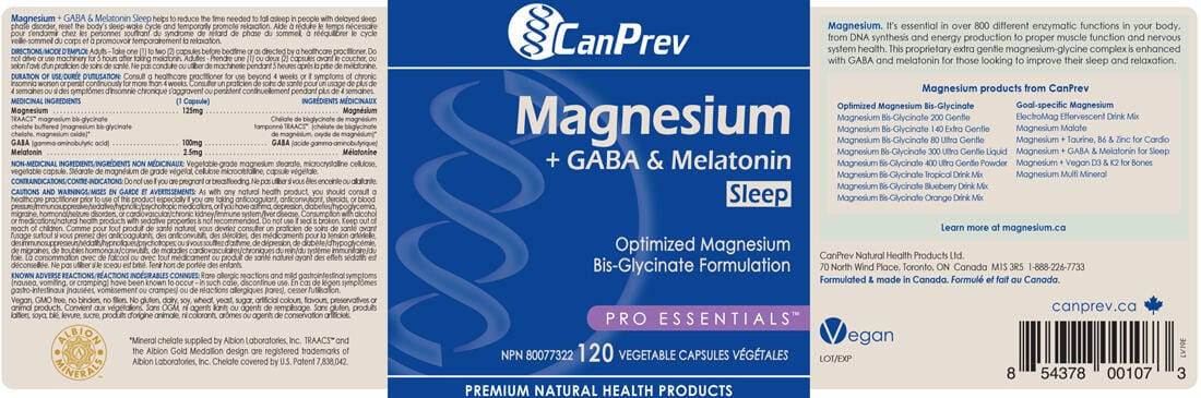 CanPrev Magnesium + GABA & Melatonin For Sleep (125mg + 100mg & 2.5mg), 120 Vegetable Capsules