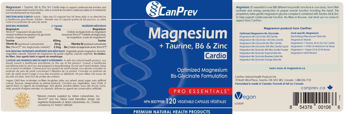 CanPrev Magnesium + Taurine, B6 & Zinc For Cardio, 120 Vegetable Capsules