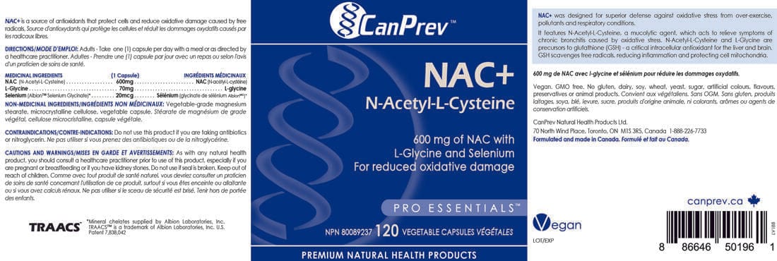 CanPrev NAC (N-Acetyl-L-Cysteine) 600mg with Glycine and Selenium, 120 Capsules