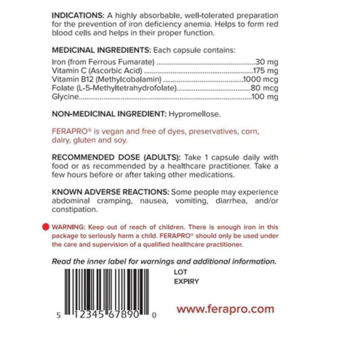 FeraPro 30 Vegan Iron Supplement 30mg, Gentle and Effective, Bobs Original Formula with Vitamin C, B12, Folate and Glycine, 100 Vegetable Capsules