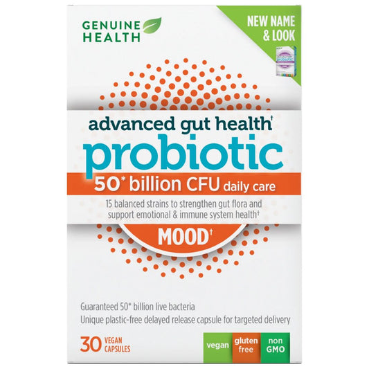 Genuine Health Advanced Gut Health Probiotic Mood, 50 Billion CFU, 15 Diverse Strains, 30 Delayed-Release Capsules