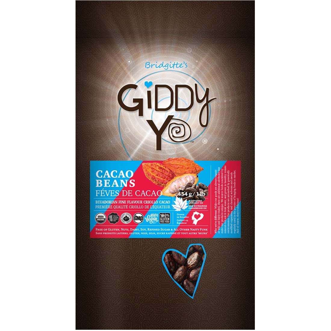 Giddy Yoyo Raw Organic Cacao Beans (Ecuador) Certified Organic, 454g