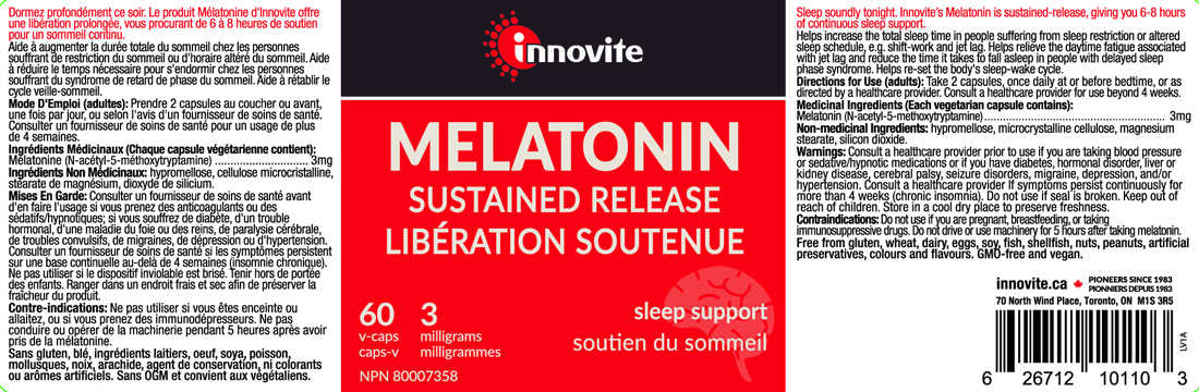 Innovite Melatonin 3mg (Transitioned to: CanPrev Melatonin 3mg Sustained Release, 60 Vegetable Capsules)