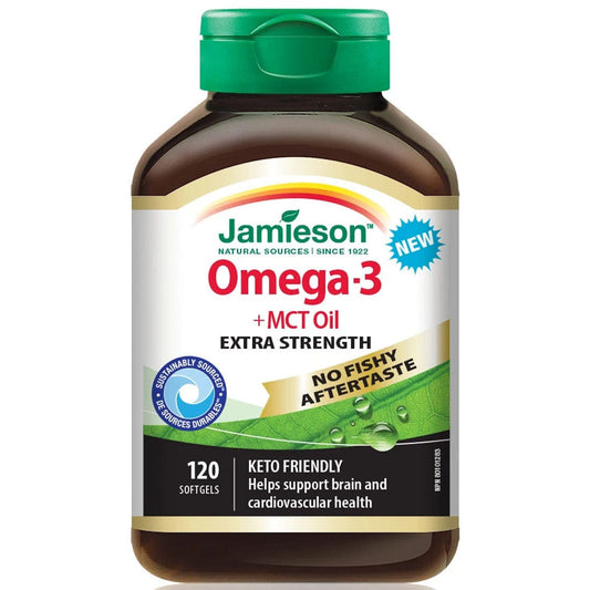 Jamieson Extra-Strength Omega-3 + MCT Oil, No Fishy After Taste, Keto Friendly, 120 Softgels
