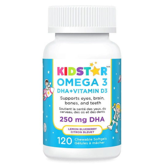 Kidstar Omega 3 DHA and Vitamin D3, 250mg DHA, Lemon Blueberry Flavour, 120 Chewable Softgels